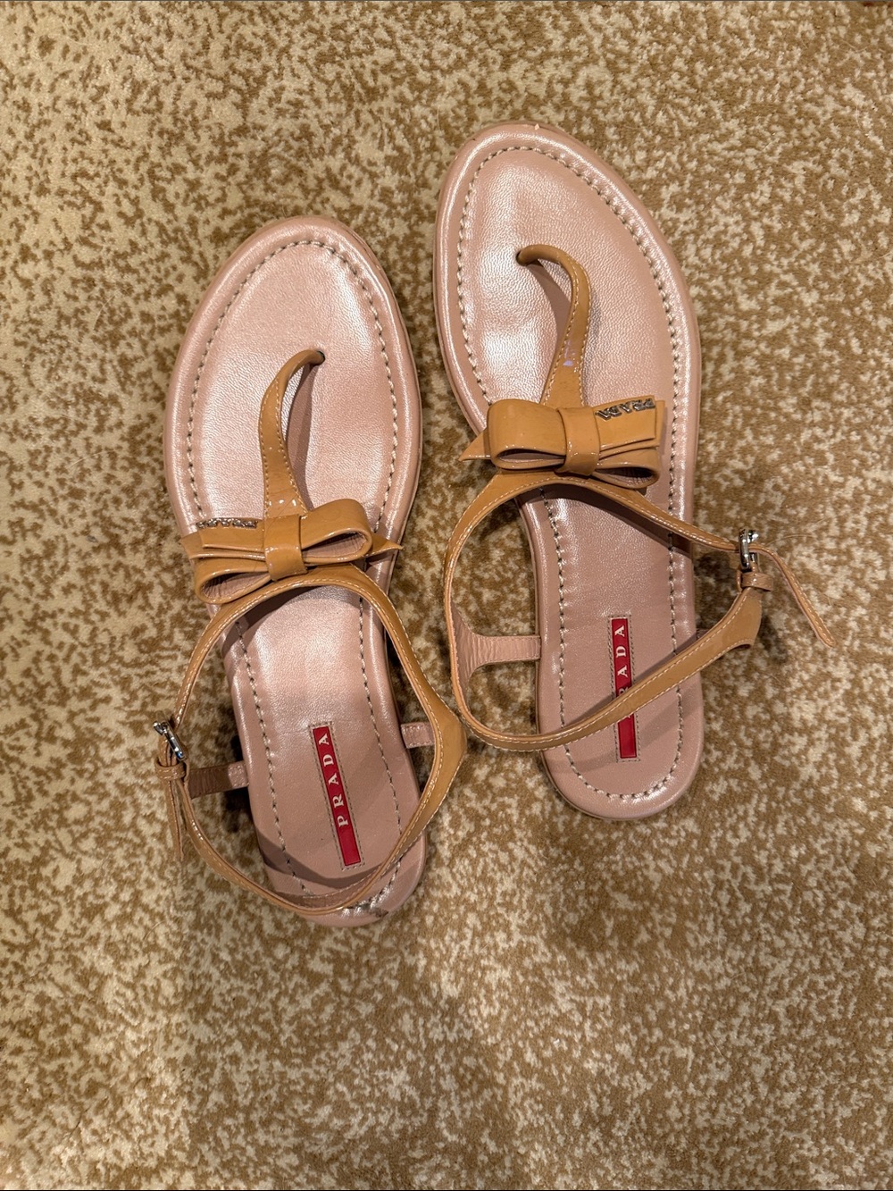 Prada Leather Bow Toe-Loop Sandals in Camel